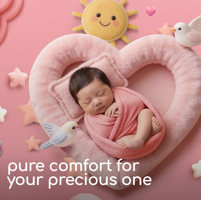 Newborn baby wrapped in pink fabric, lying on a heart-shaped pink pillow with decorative elements on a pink background - Popees Baby Care