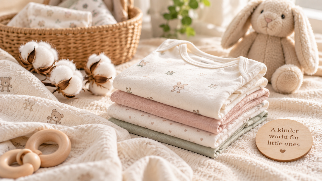 Folded baby clothes with cotton and nursery items.