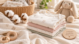 Folded baby clothes with cotton and nursery items.