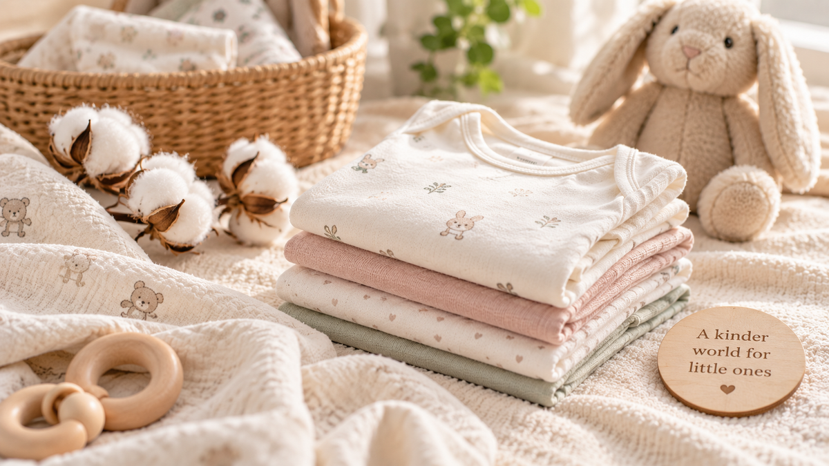 Folded baby clothes with cotton and nursery items.