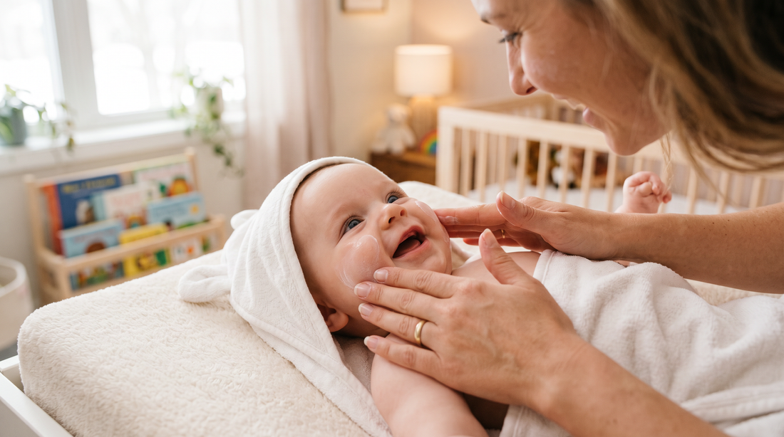 Smiling baby getting moisturiser applied to cheeks after bath