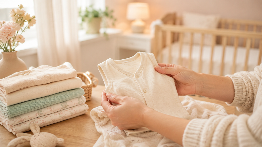 Soft cotton baby vest in a warm nursery.
