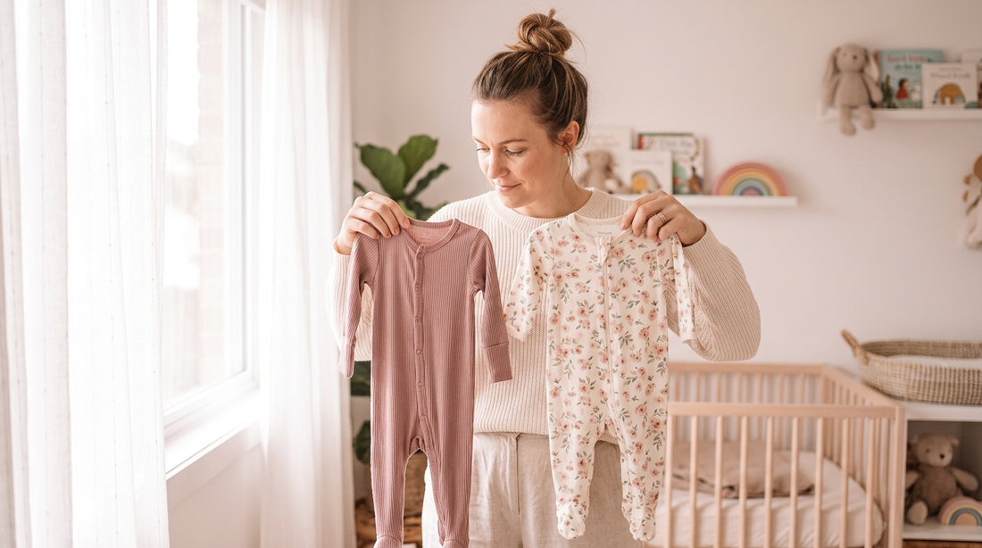 Parent comparing bamboo and cotton baby sleepers side by side