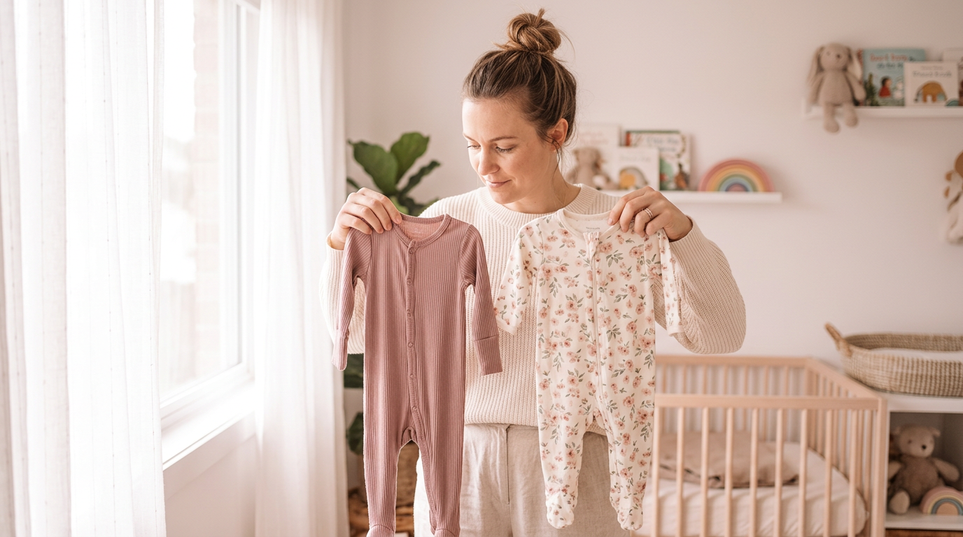 Parent comparing bamboo and cotton baby sleepers side by side