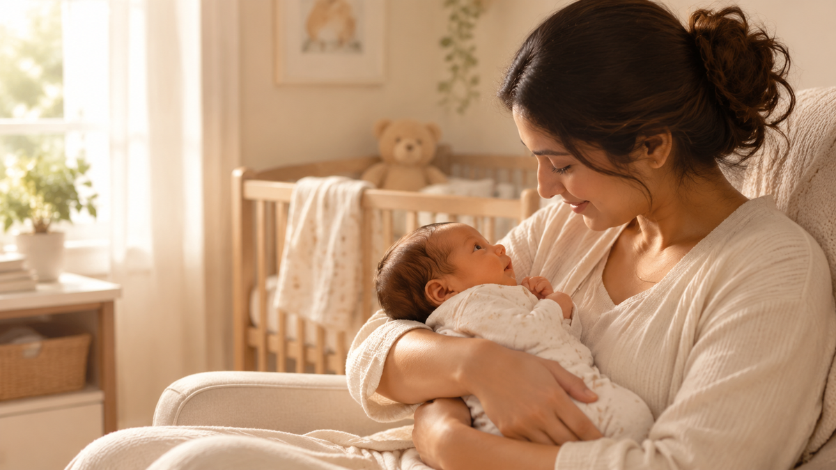 Mother gently cuddling newborn baby in a warm, cozy nursery.
