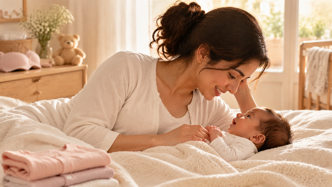 Mother wearing comfortable nursing wear while caring for newborn at home.
