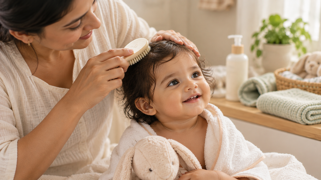 Mother gently brushing toddler’s scalp