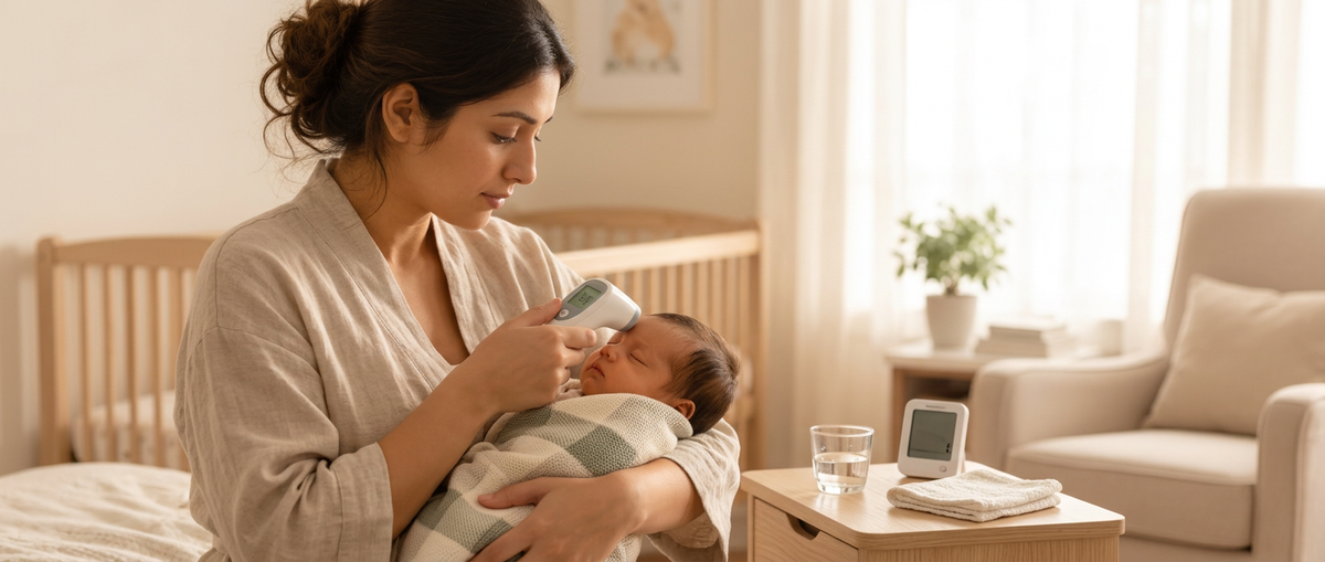 Mother checking her baby's temperature with a digital thermometer.