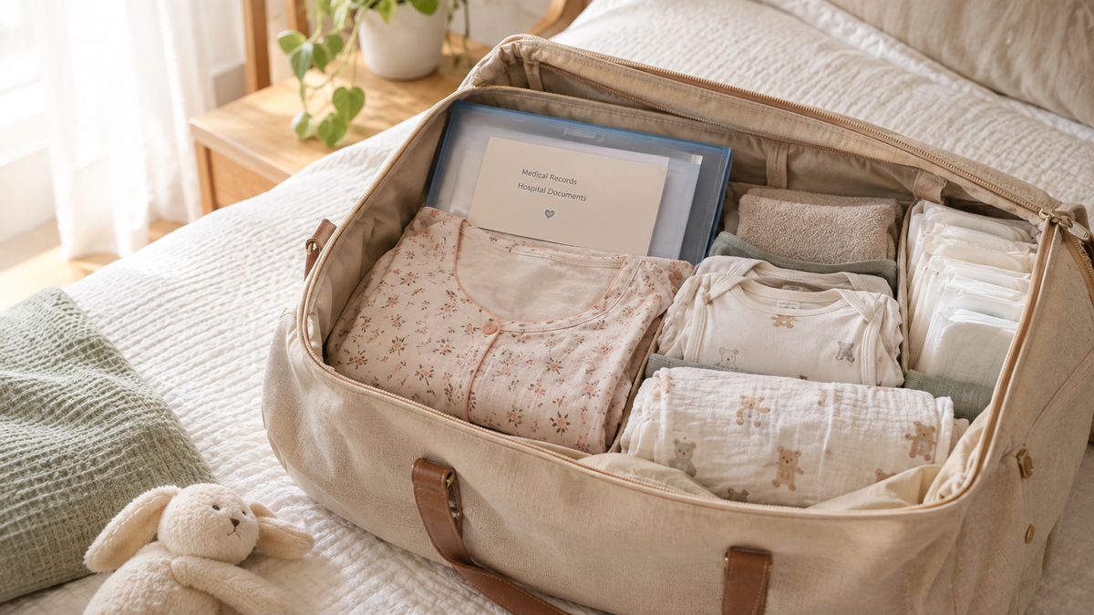 Open hospital bag packed with maternity clothes, baby onesies, swaddle cloth, maternity pads, and important documents on a bed.