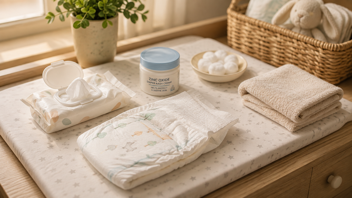 Nappy, wipes and cream on a changing mat.