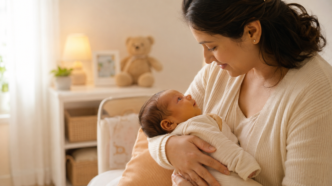 Mother holding newborn baby in a warm nursery.