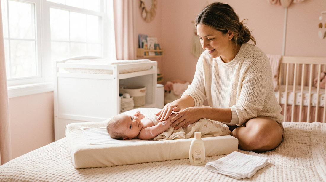 Parent applying baby lotion during a gentle skincare routine