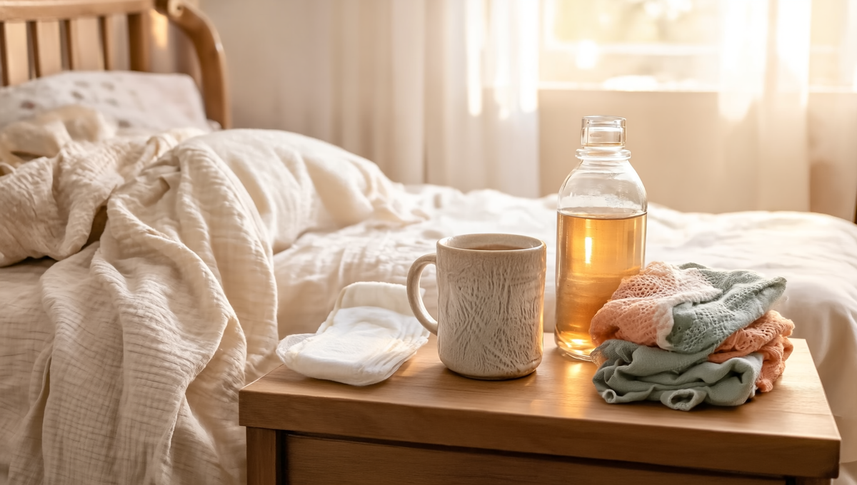 Bedside table with tea, water, folded cloths and postpartum pad beside a linen bed.