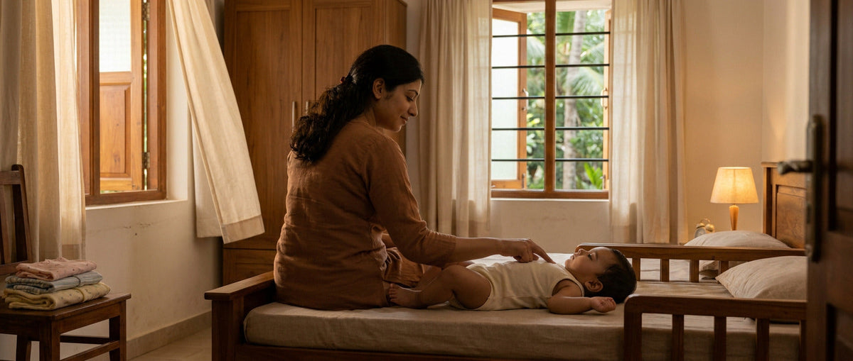 Mother checking her baby’s comfort in a warm Kerala bedroom.
