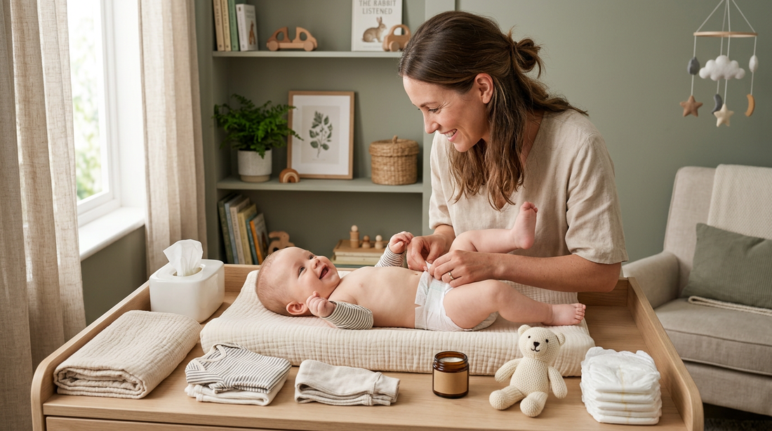 Parent changing a baby's diaper in a bright nursery.