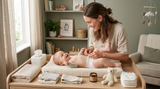 Parent changing a baby's diaper in a bright nursery.