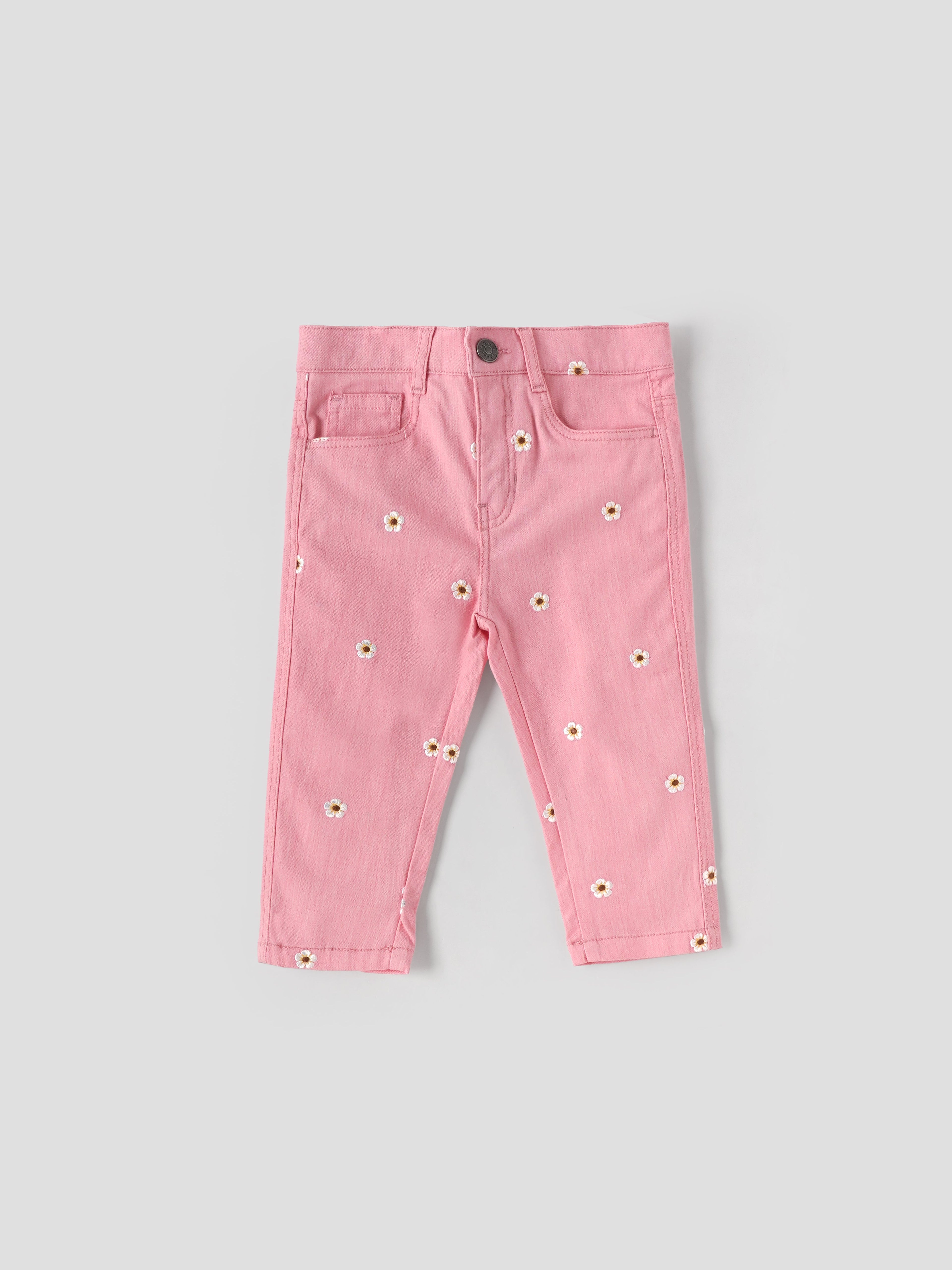 Popees Girls Floral Printed Pink Denim Pants with Button Closure| 1–8 Years