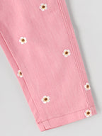 Popees Girls Floral Printed Pink Denim Pants with Button Closure| 1–8 Years