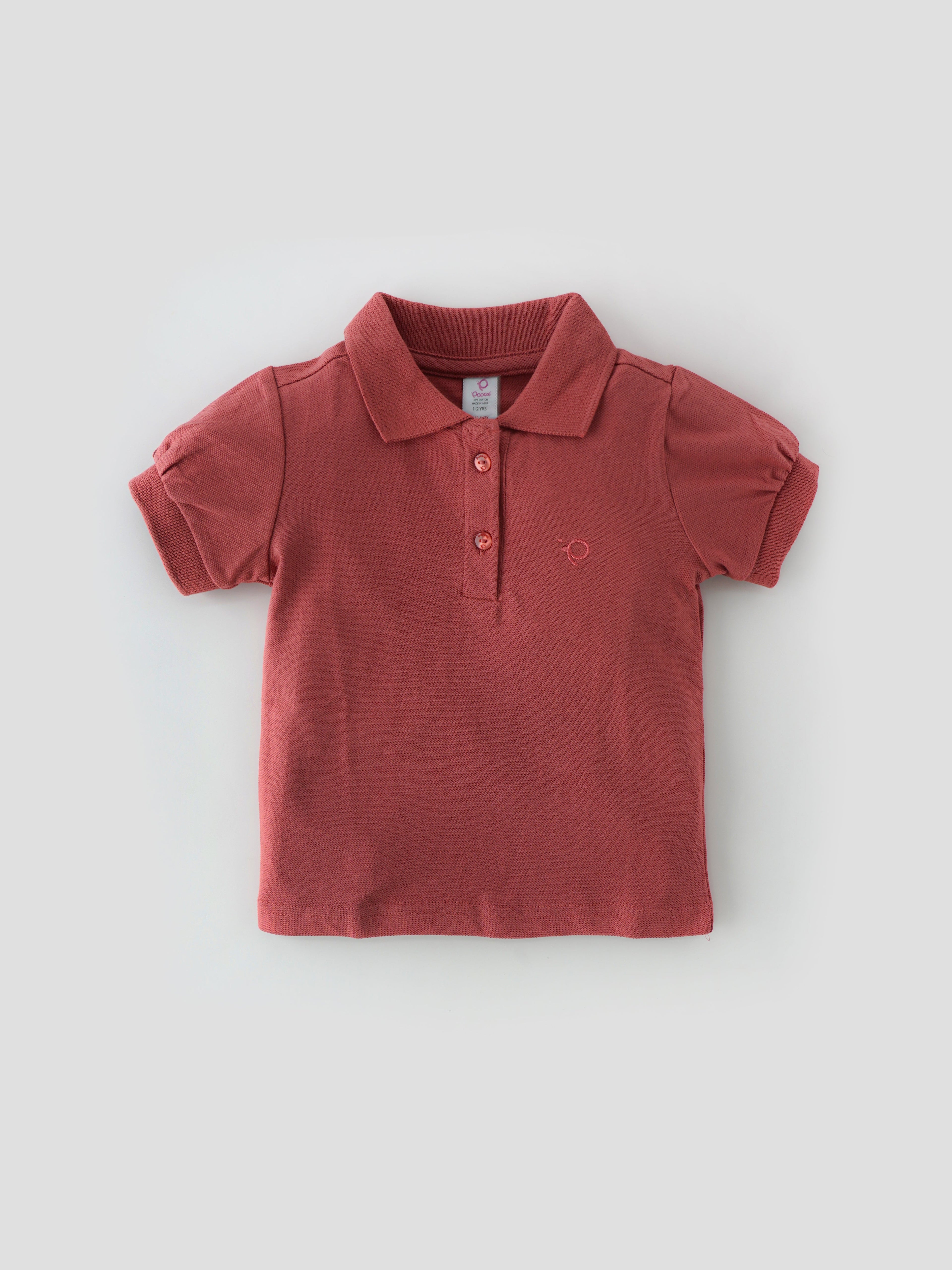 Popees Baby Girls Short Sleeve Cotton Polo T-Shirt| Rust Pink| 1-8 Years