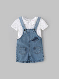Popees Baby Girls Denim Dungaree Set with Cotton Frill Neck Top, 2-Piece Summer Outfit| Adjustable Strap Shorts Romper for Infants & Toddlers| 3–24 Months