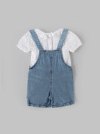 Popees Baby Girls Denim Dungaree Set with Cotton Frill Neck Top, 2-Piece Summer Outfit| Adjustable Strap Shorts Romper for Infants & Toddlers| 3–24 Months