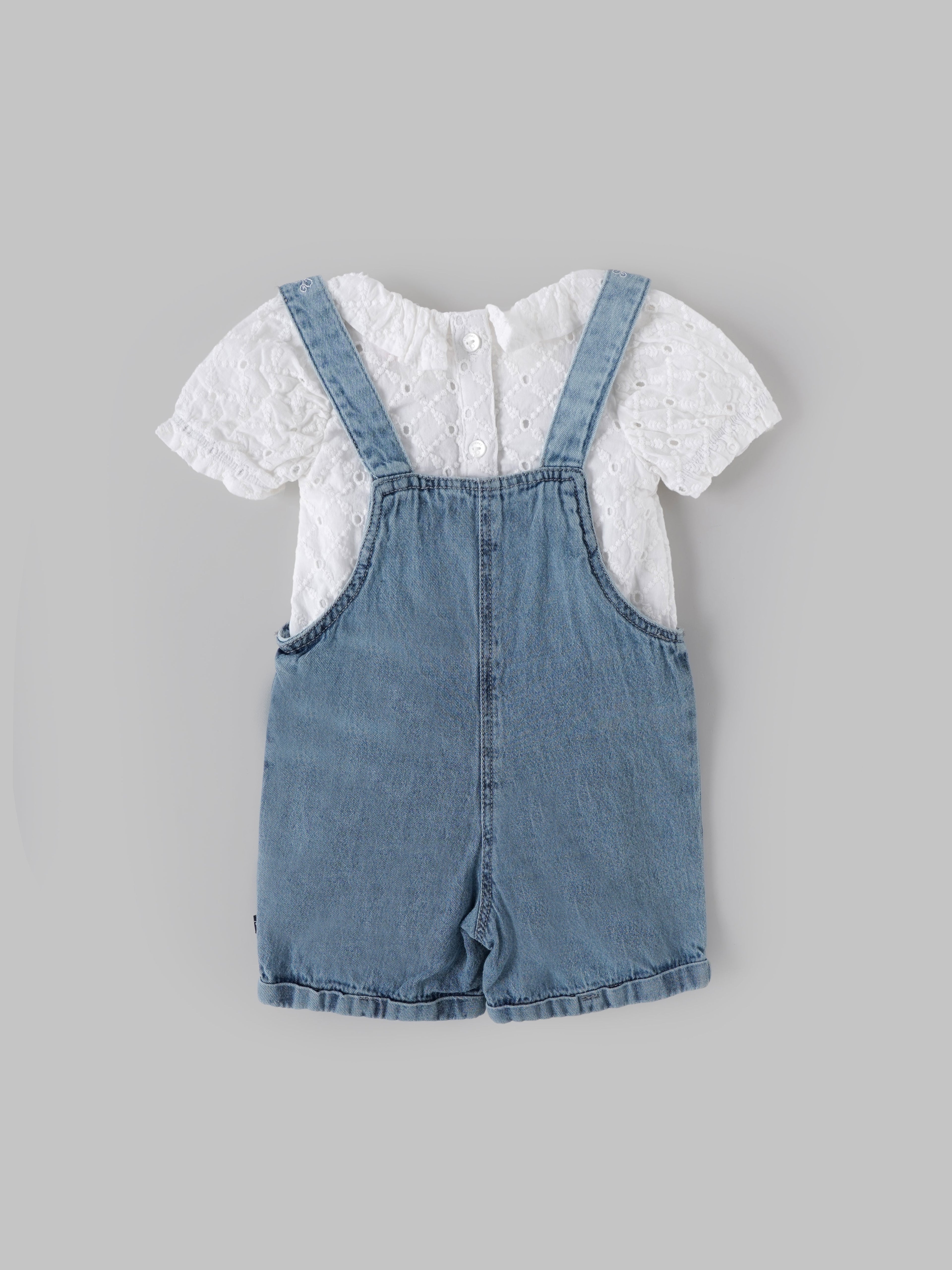 Popees Baby Girls Denim Dungaree Set with Cotton Frill Neck Top, 2-Piece Summer Outfit| Adjustable Strap Shorts Romper for Infants & Toddlers| 3–24 Months