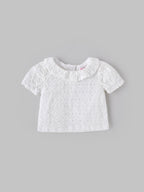 Popees Baby Girls Denim Dungaree Set with Cotton Frill Neck Top, 2-Piece Summer Outfit| Adjustable Strap Shorts Romper for Infants & Toddlers| 3–24 Months