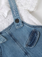 Popees Baby Girls Denim Dungaree Set with Cotton Frill Neck Top, 2-Piece Summer Outfit| Adjustable Strap Shorts Romper for Infants & Toddlers| 3–24 Months
