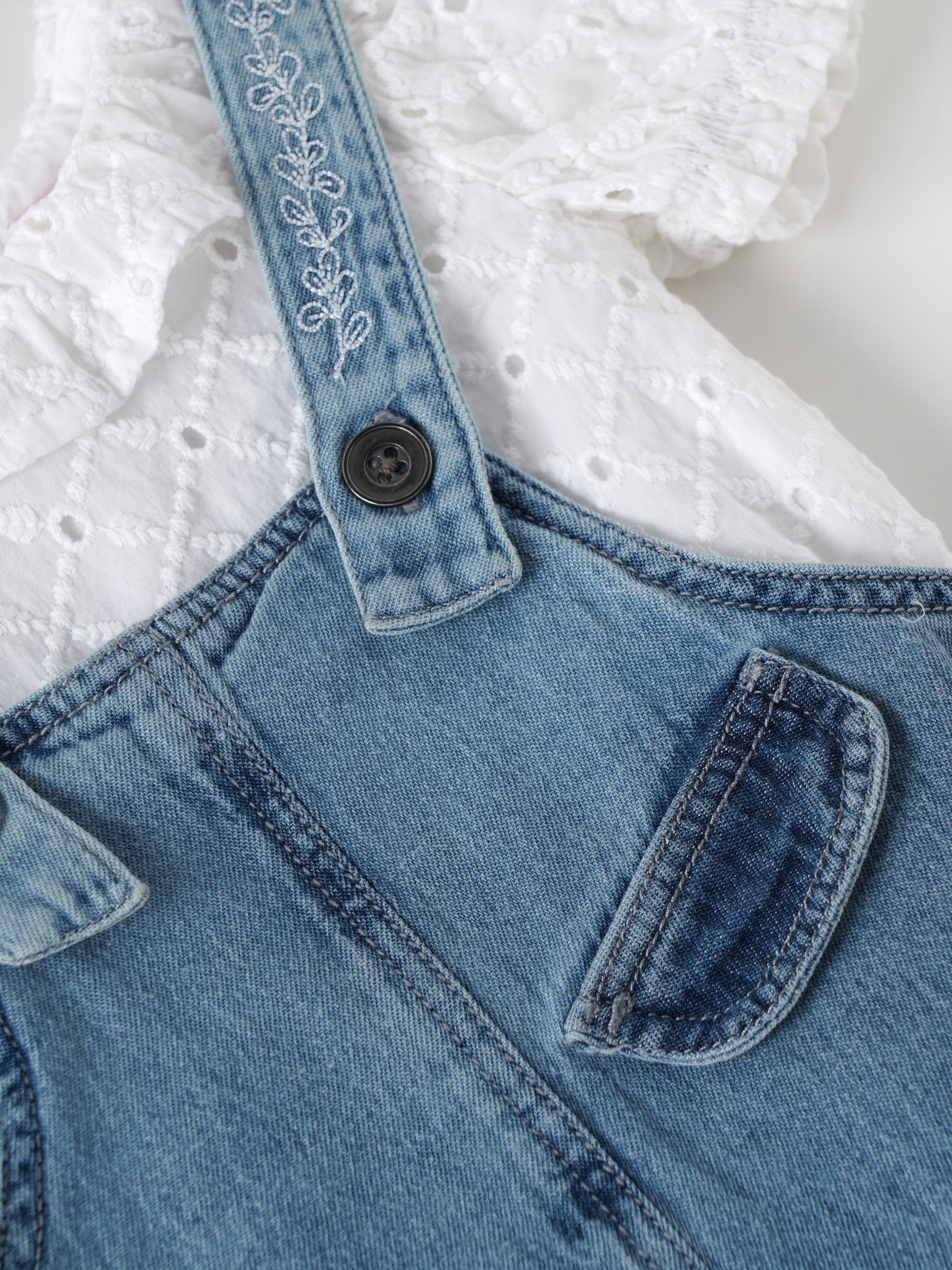 Popees Baby Girls Denim Dungaree Set with Cotton Frill Neck Top, 2-Piece Summer Outfit| Adjustable Strap Shorts Romper for Infants & Toddlers| 3–24 Months