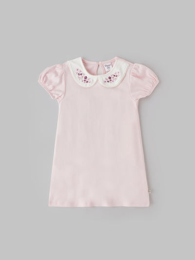 Popees Soft Pink Dress Floral Embroidered Collar, Puff Sleeves, Pure Cotton (3–36 Months) for Baby Girls