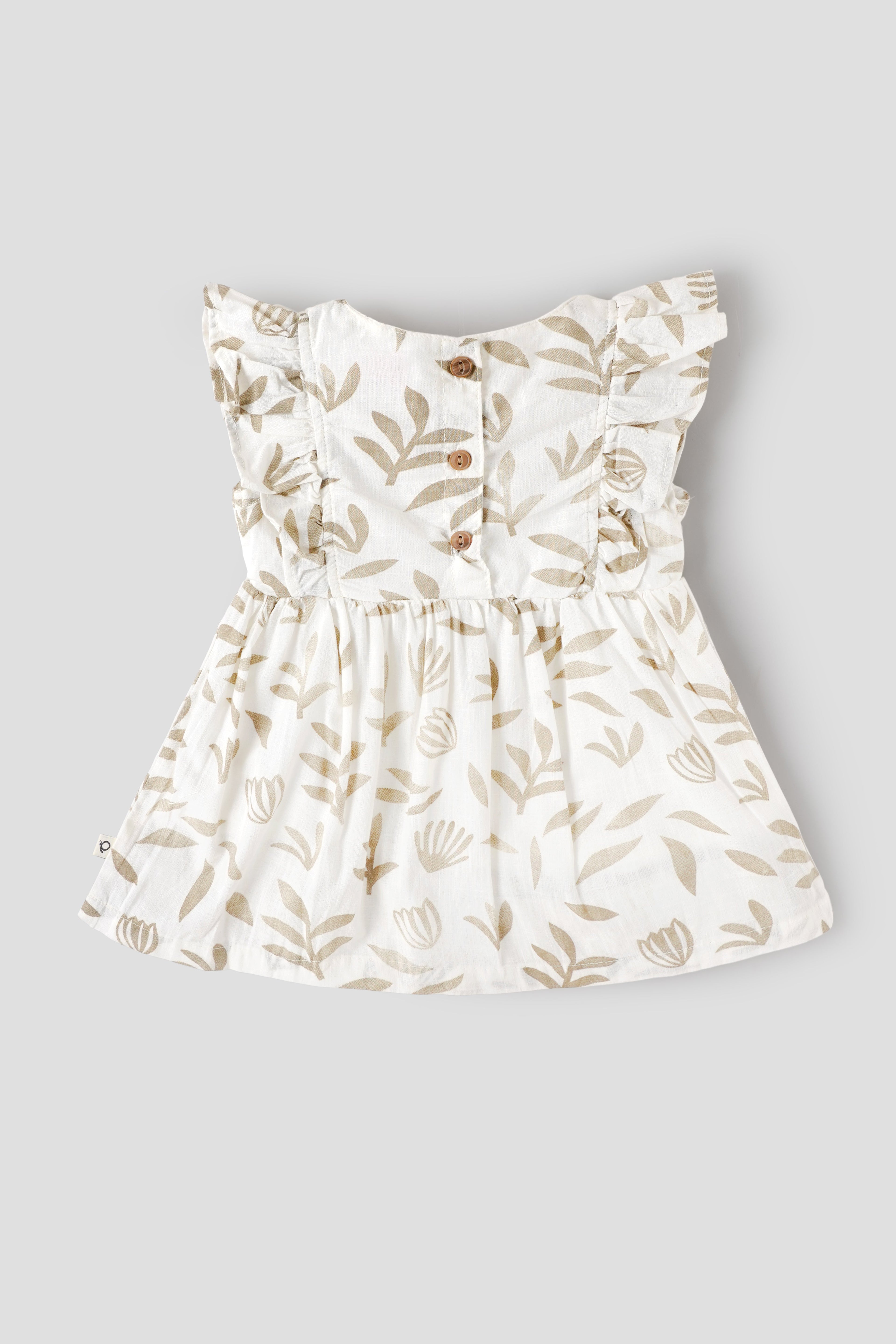 Popees Baby Girl Cotton Dress| 3–24 Months Leaf Print, Ruffle Sleeve Casual Wear