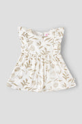 Popees Baby Girl Cotton Dress| 3–24 Months Leaf Print, Ruffle Sleeve Casual Wear