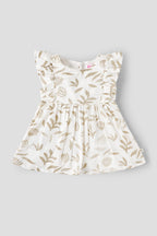 Popees Baby Girl Cotton Dress| 3–24 Months Leaf Print, Ruffle Sleeve Casual Wear