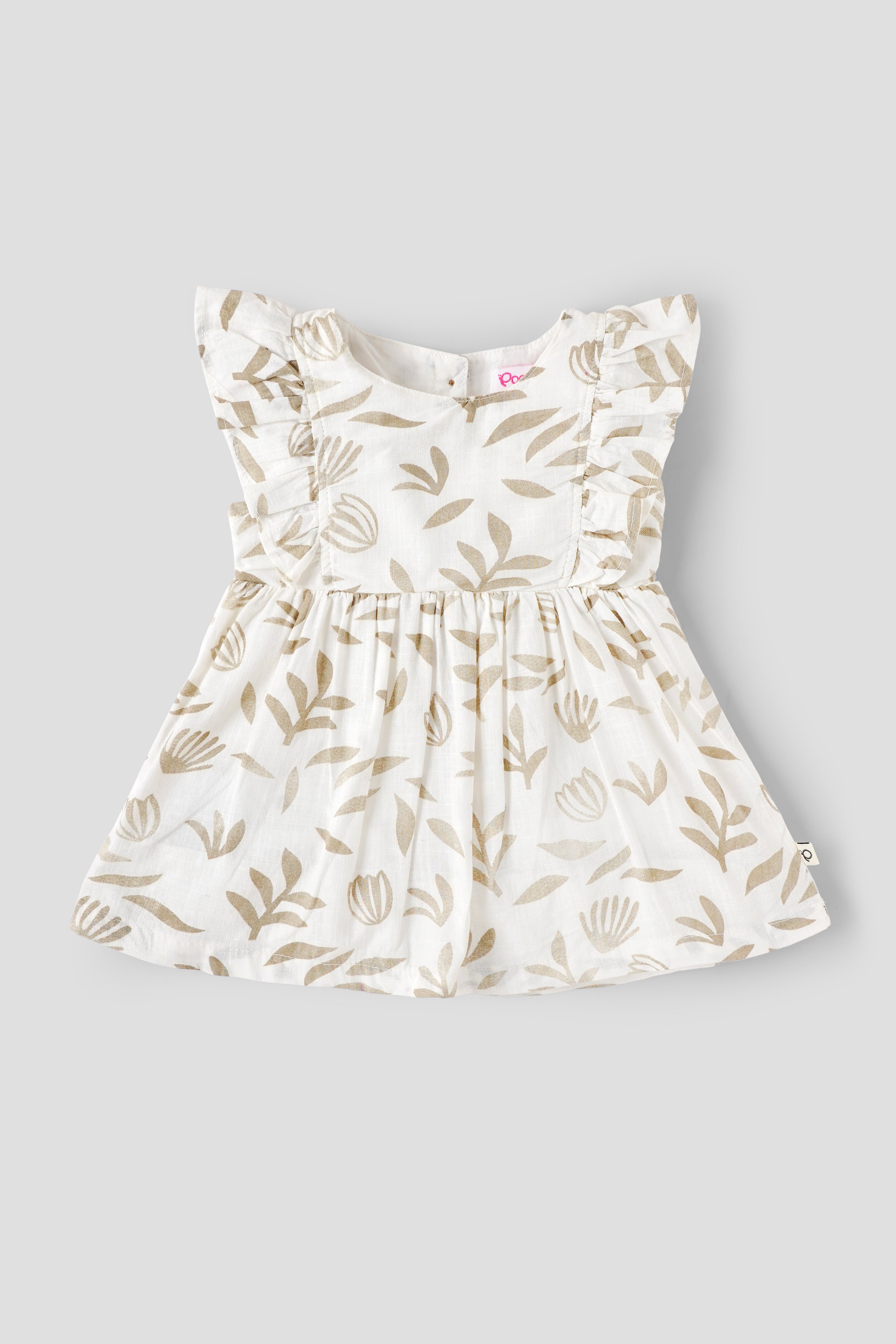 Popees Baby Girl Cotton Dress| 3–24 Months Leaf Print, Ruffle Sleeve Casual Wear