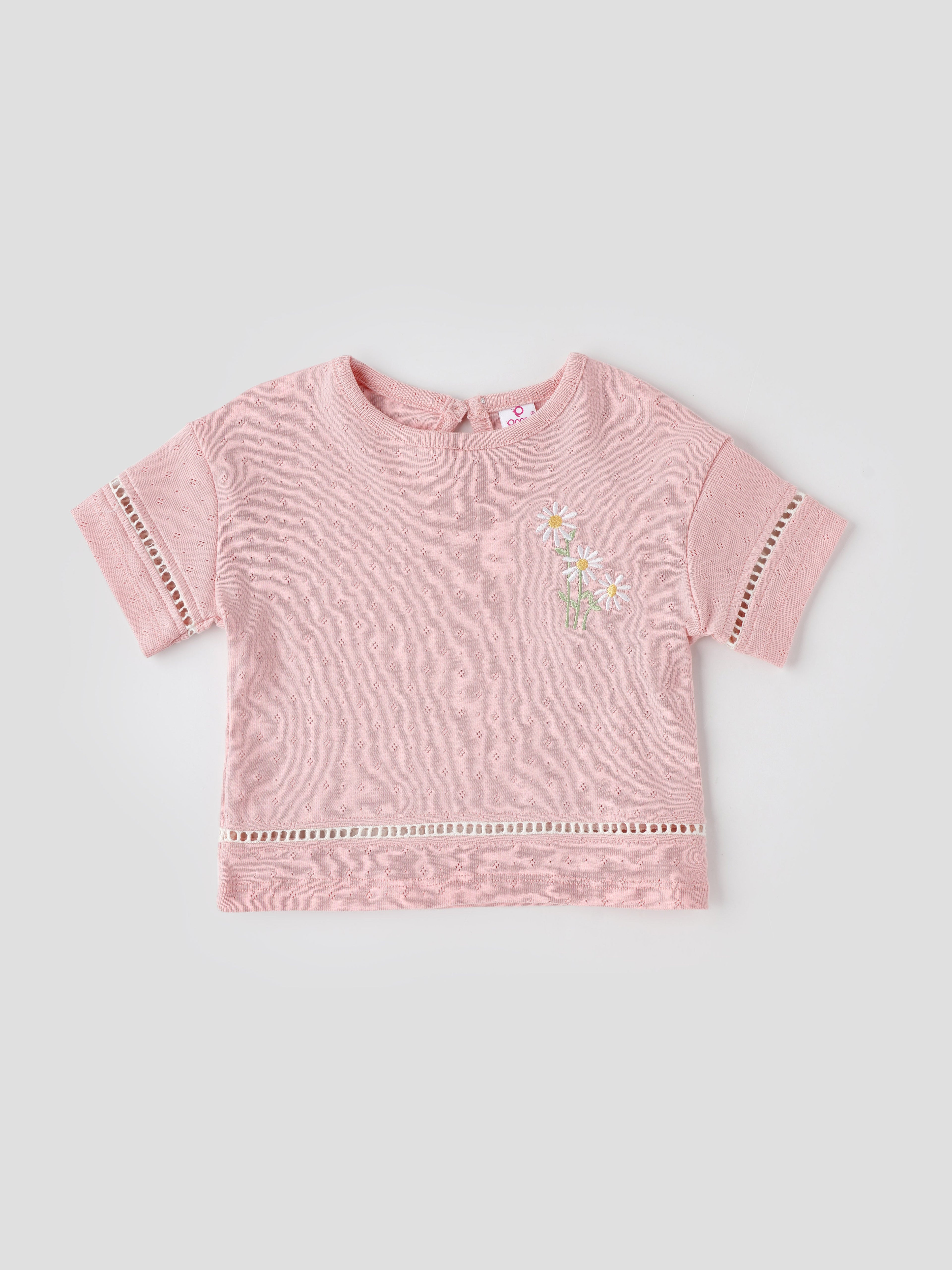 Popees Baby Girls Short Sleeve Cotton Top| Soft Pink| 3-36 Months