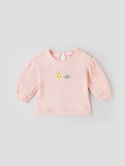 Popees Soft Pink with Animal Face Embroidery Warm, Comfy & Adorably Stylish T-Shirt (3-24 Months) for Baby Girls