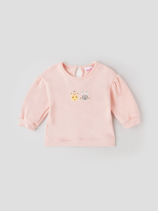 Popees Soft Pink with Animal Face Embroidery Warm, Comfy & Adorably Stylish T-Shirt (3-24 Months) for Baby Girls