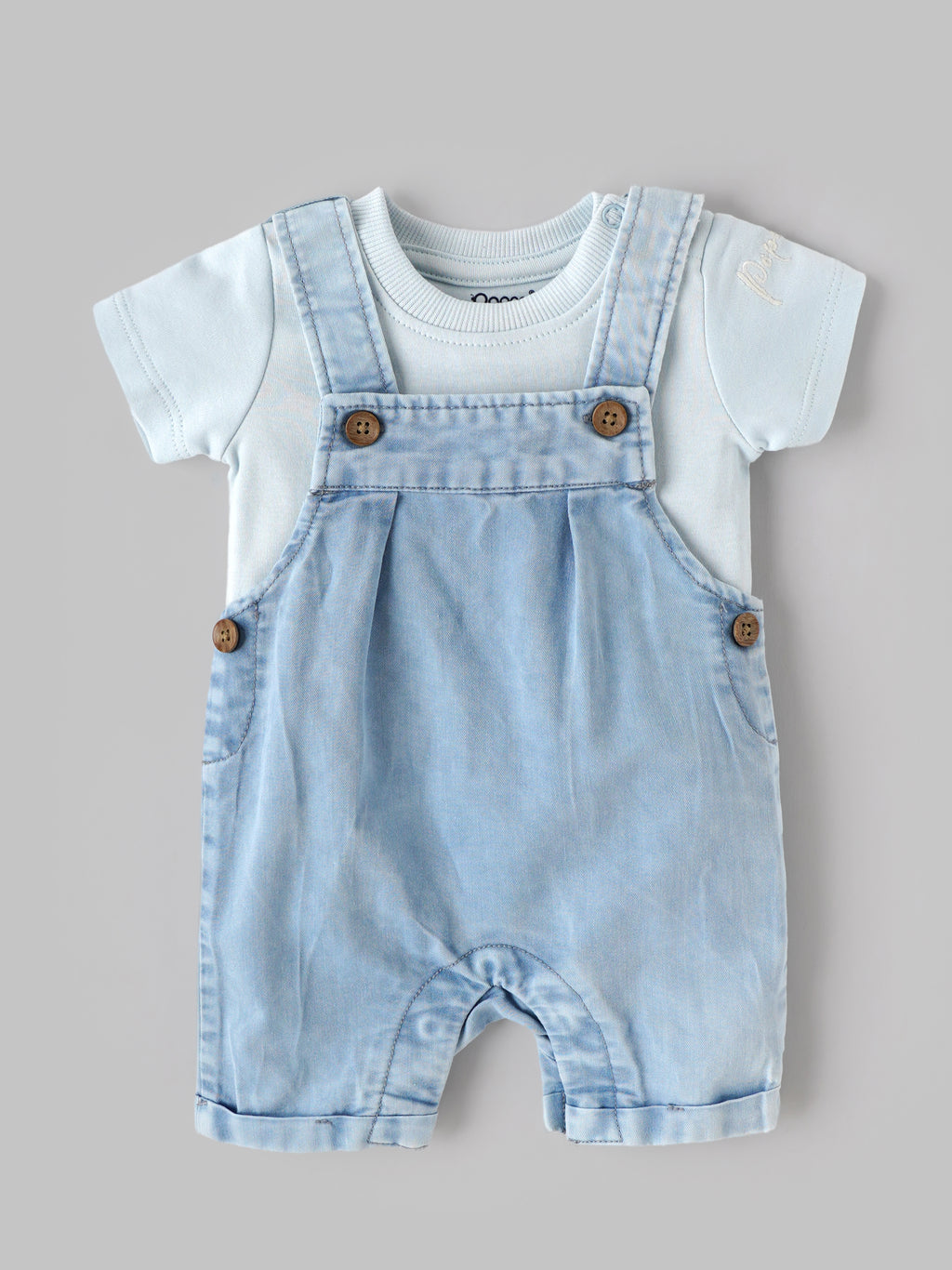 Popees Classic Light Blue Dungaree Set with Shoulder Open Bodysuit for Baby Boys (NB–9 Months)