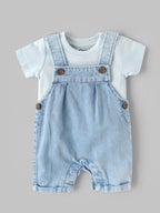 Popees Classic Light Blue Dungaree Set with Shoulder Open Bodysuit for Baby Boys (NB–9 Months)