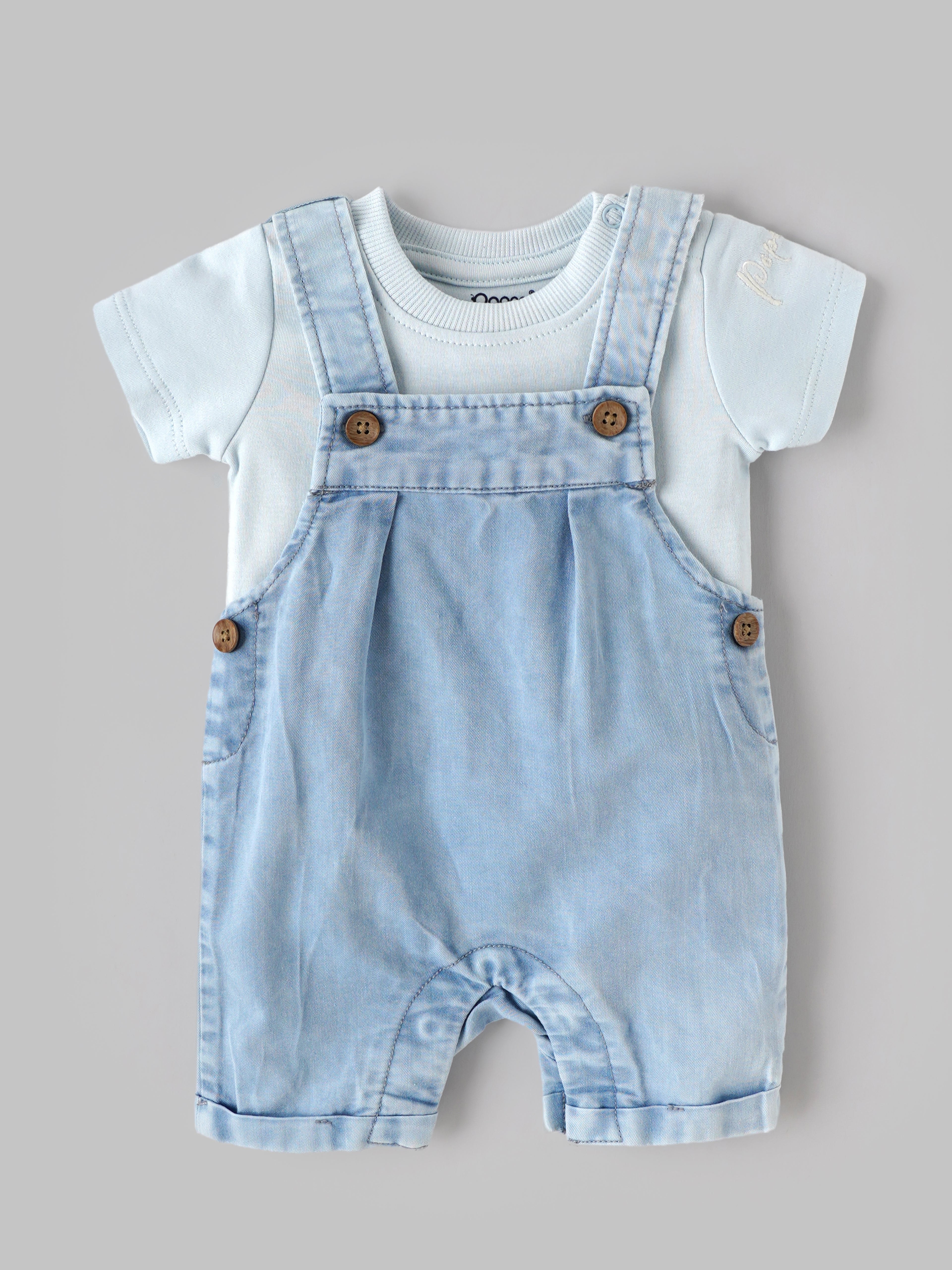 Popees Classic Light Blue Dungaree Set with Shoulder Open Bodysuit for Baby Boys (NB–9 Months)