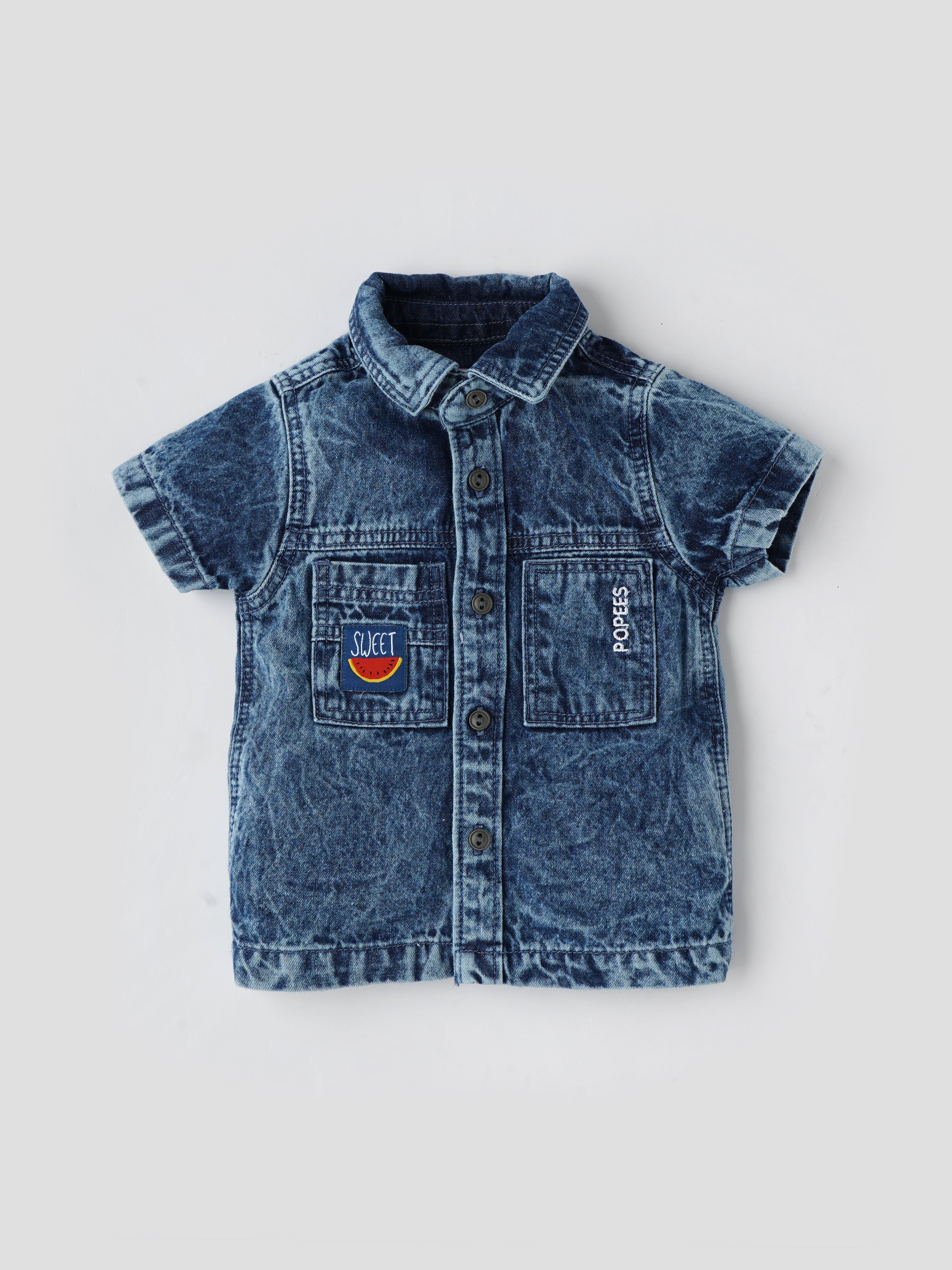 Popees Baby Boys Denim Short Sleeve Shirt| Blue| 0-9 Months
