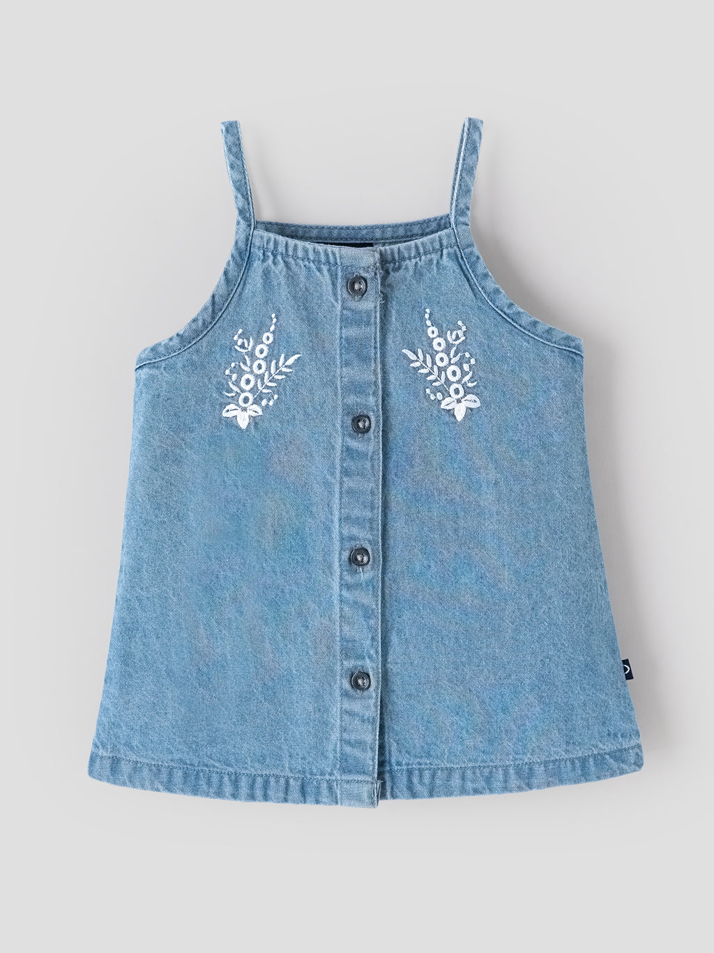 Popees Baby Girls Stylish Denim Dress | Sleeveless A-Line Dress with Floral Embroidery and Front Button Closure | Light Blue | Comfortable Casual Wear 0-9 Months
