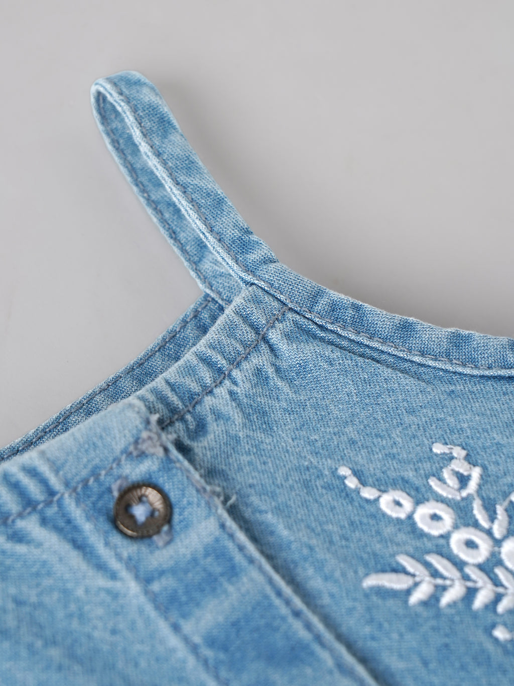 Popees Baby Girls Stylish Denim Dress | Sleeveless A-Line Dress with Floral Embroidery and Front Button Closure | Light Blue | Comfortable Casual Wear 0-9 Months