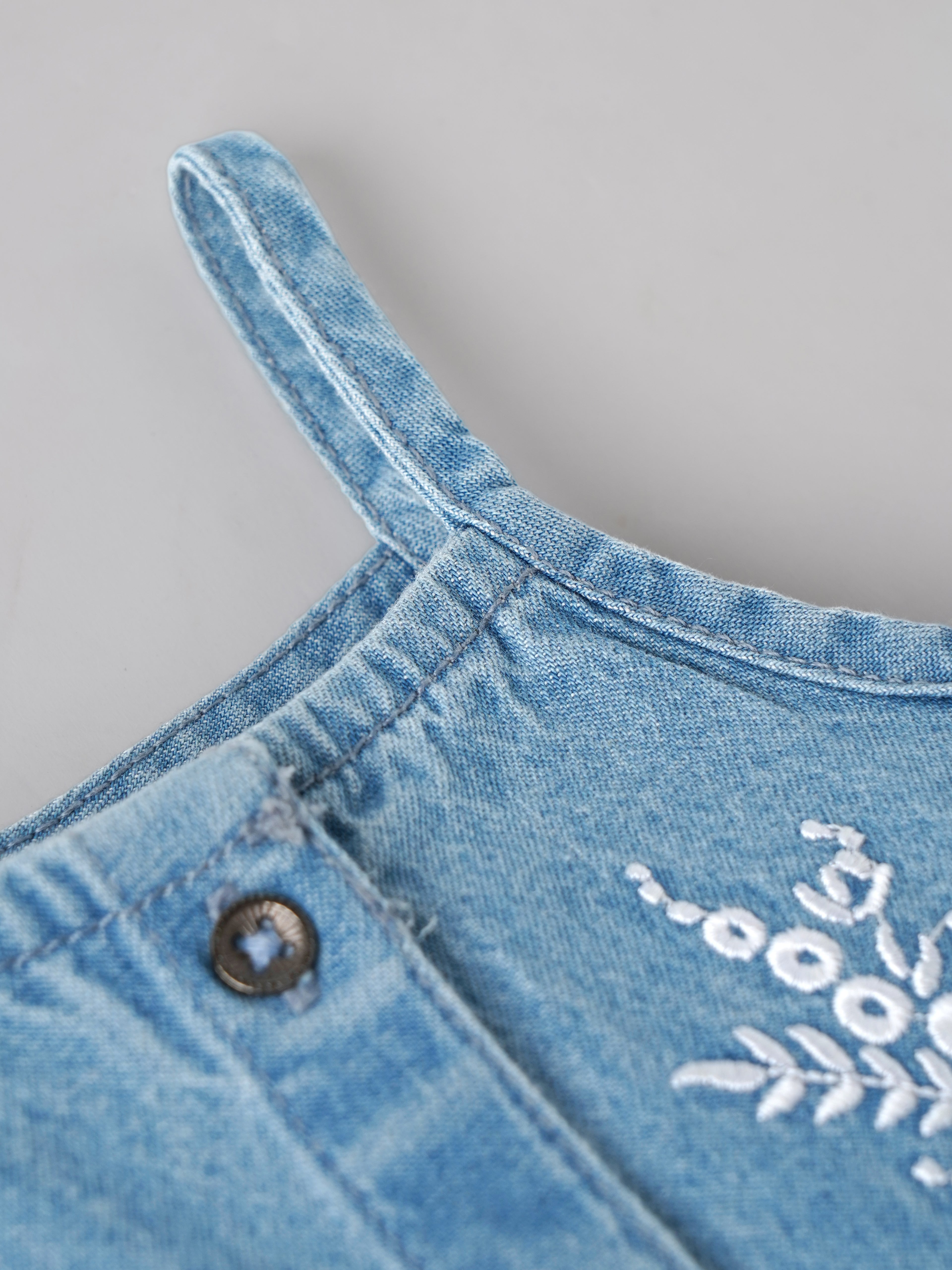 Popees Baby Girls Stylish Denim Dress | Sleeveless A-Line Dress with Floral Embroidery and Front Button Closure | Light Blue | Comfortable Casual Wear 0-9 Months