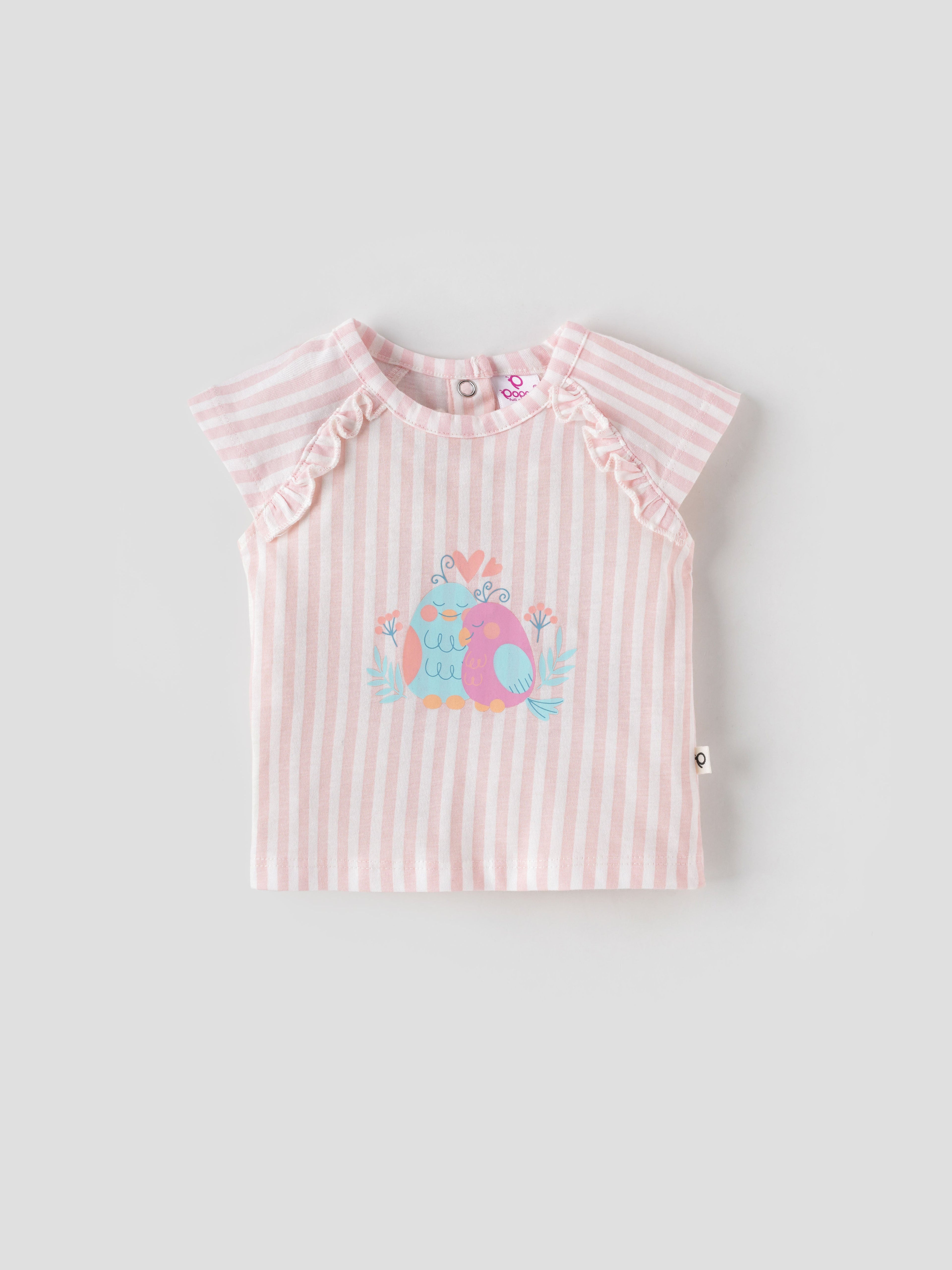 Popees Striped Short Sleeve (0–9 Months) Cute Bird Printed Top for Baby Girls