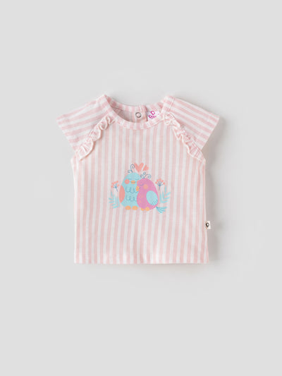 Popees Striped Short Sleeve (0–9 Months) Cute Bird Printed Top for Baby Girls