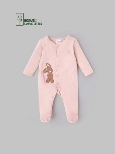 Popees Embroidered Unisex Full-Sleeve Front Open Sleepsuit (0-6 Months) Made of Organic Bamboo Cotton Fabric