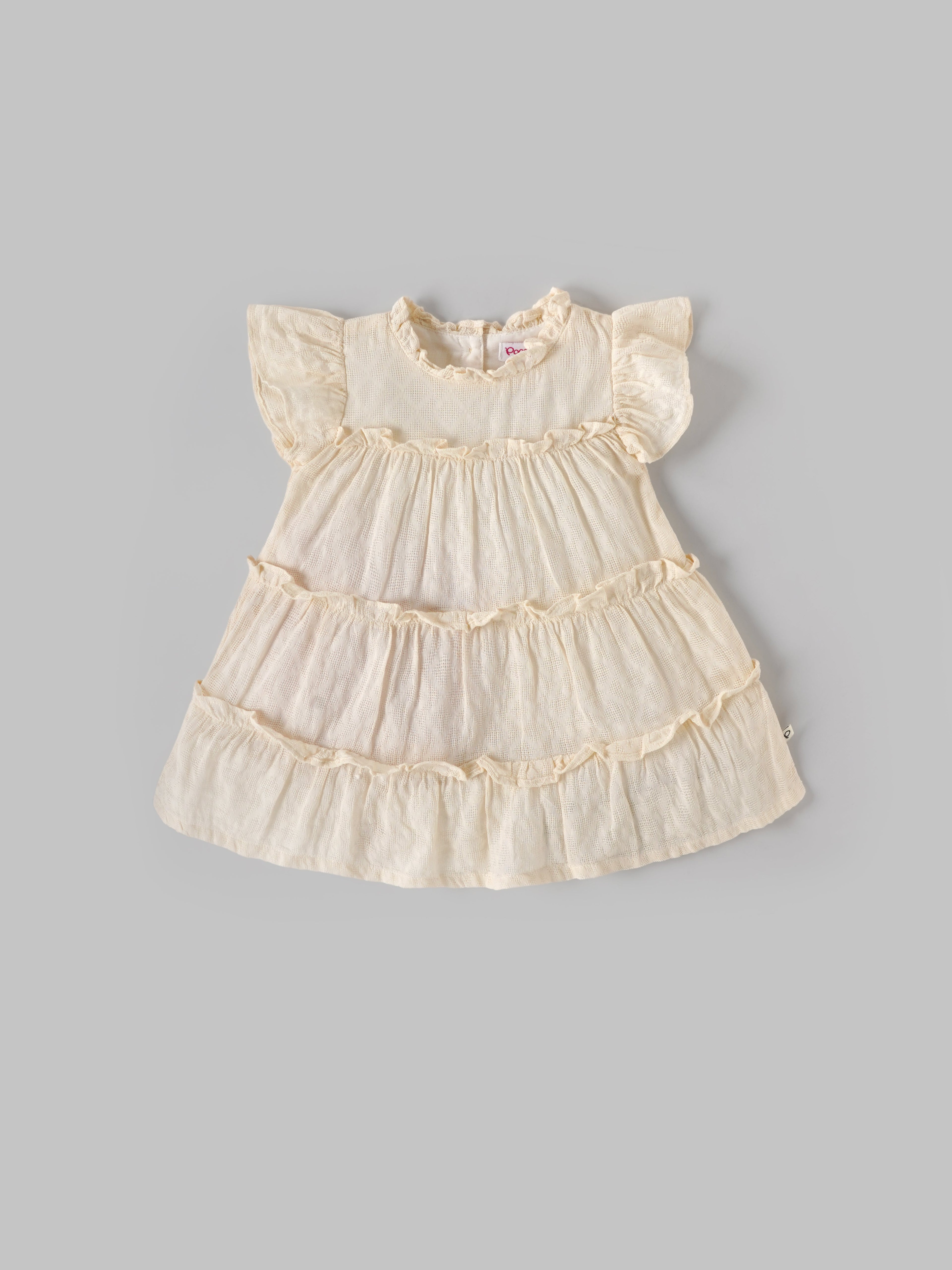 Popees Baby Girls Textured Tiered Ruffle Cotton Dress| Off-White| 9 Months to 4 Years
