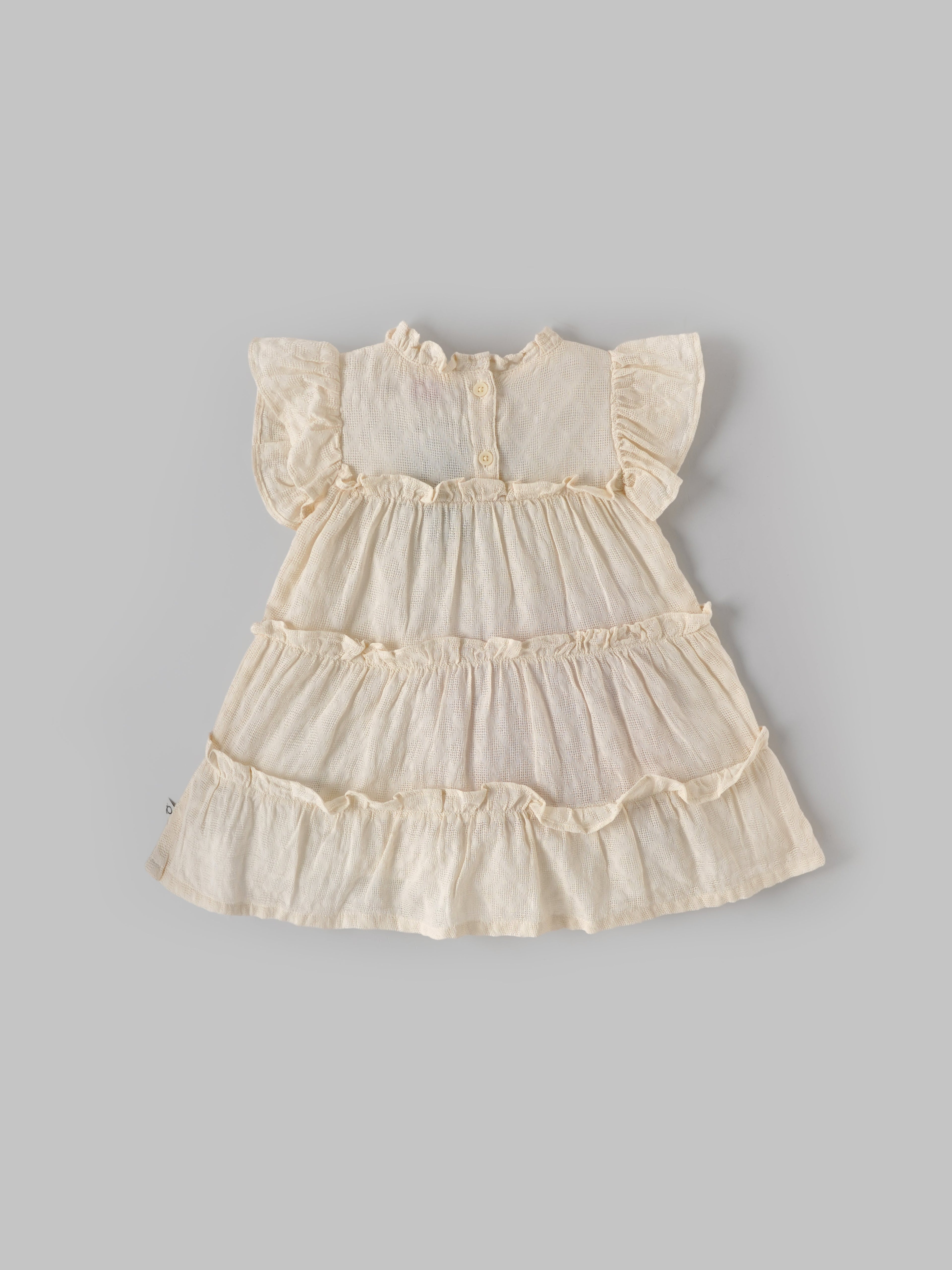 Popees Baby Girls Textured Tiered Ruffle Cotton Dress| Off-White| 9 Months to 4 Years
