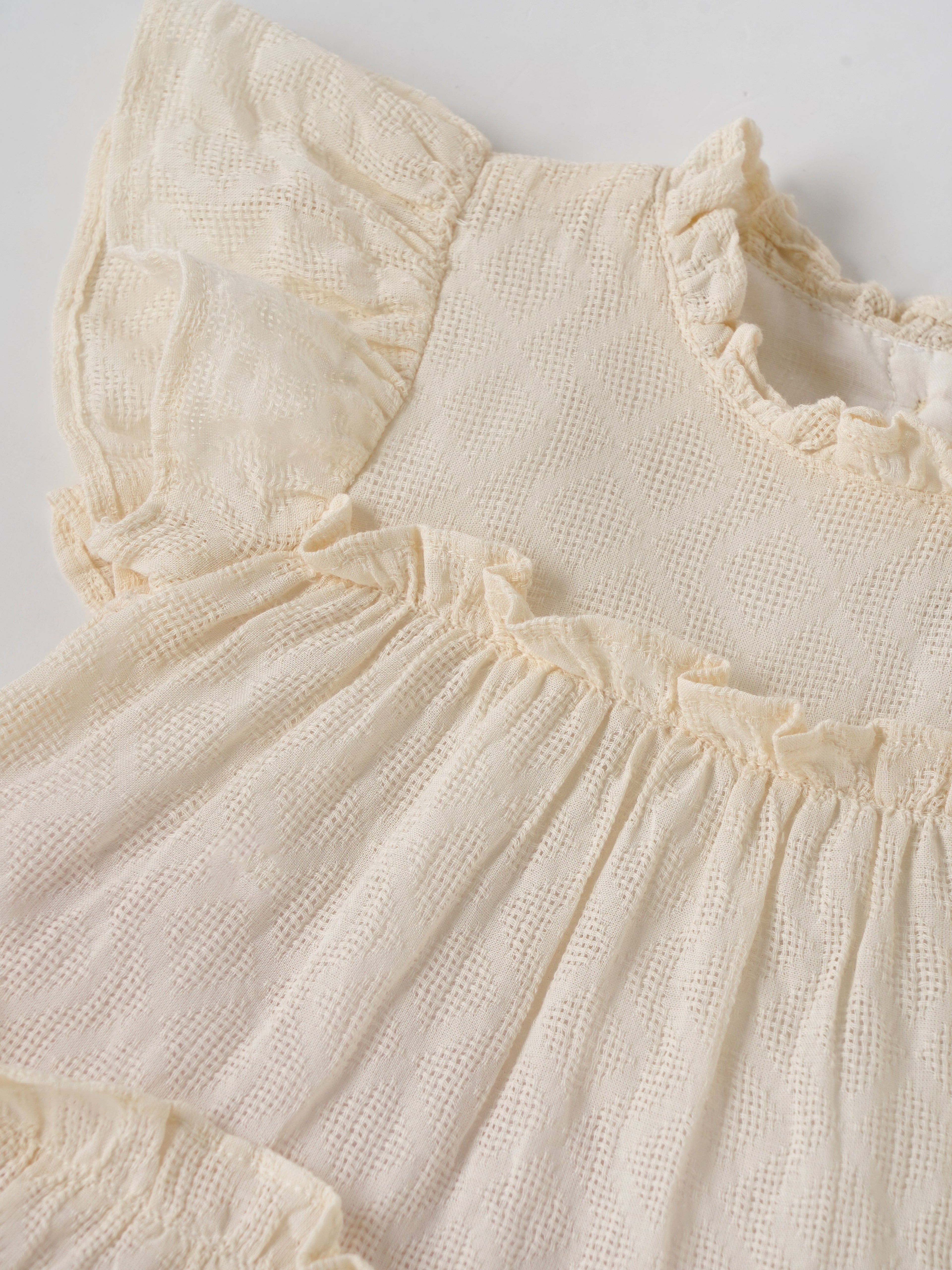 Popees Baby Girls Textured Tiered Ruffle Cotton Dress| Off-White| 9 Months to 4 Years